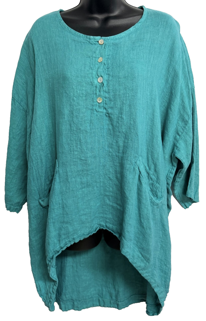 Devitalia Henley Tunic Blouse Teal Green Italian Linen High-Low Lagenlook Top XL